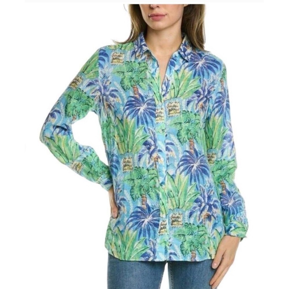 J.McLaughlin Womens Blue Green 100% Linen Tropical Palm Tree Button Front Shirt